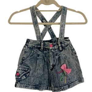 Vintage 80s 90s Denim Girls Suspender Shortalls Romper Acid Wash Appx Size 5/6
